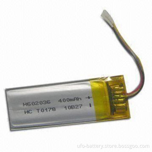 Rechargeable Lithium Polymer Battery with 3.7V Nominal Voltage and 400mAh Typical Capacity